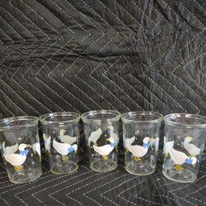 Set of 5 BAMA Jelly Jars White Ducks Blue Bows Juice Glasses Vintage - 4" Tall